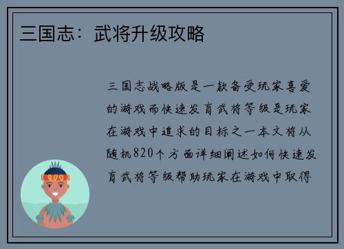 三国志：武将升级攻略